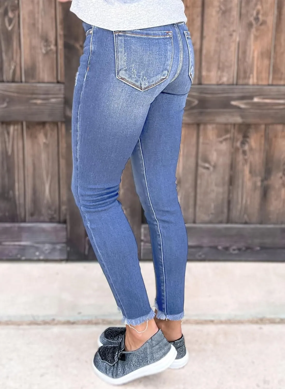 SHEWIN Skinny Raw Hem Jeans for Women High Waisted Stretchy Trendy Slimming Jeggings Ankle Denim Pants with Pockets