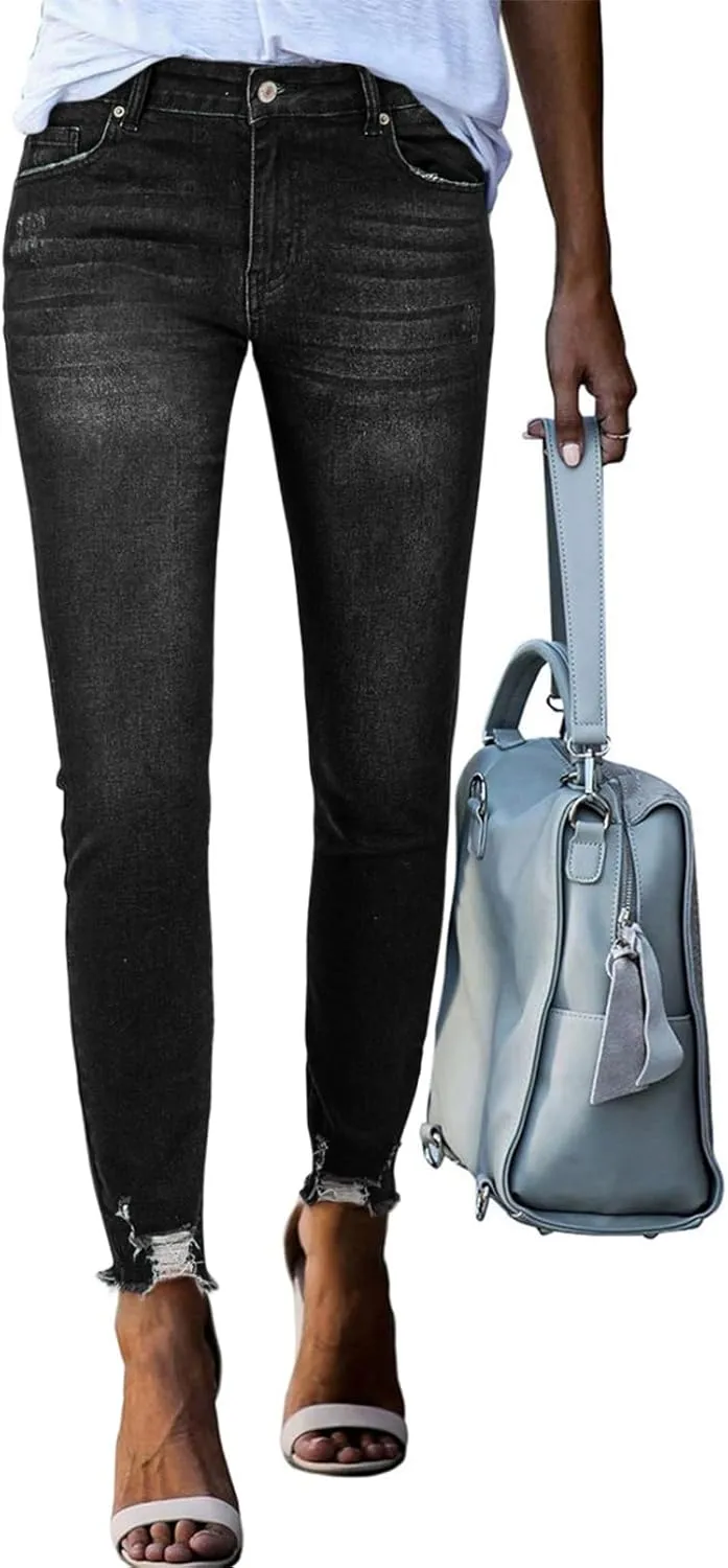 SHEWIN Skinny Raw Hem Jeans for Women High Waisted Stretchy Trendy Slimming Jeggings Ankle Denim Pants with Pockets