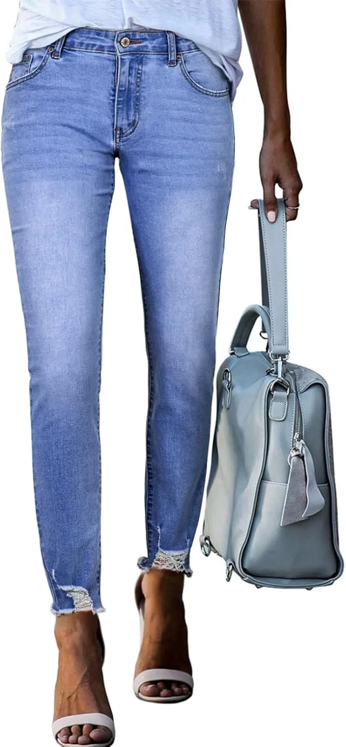 SHEWIN Skinny Raw Hem Jeans for Women High Waisted Stretchy Trendy Slimming Jeggings Ankle Denim Pants with Pockets