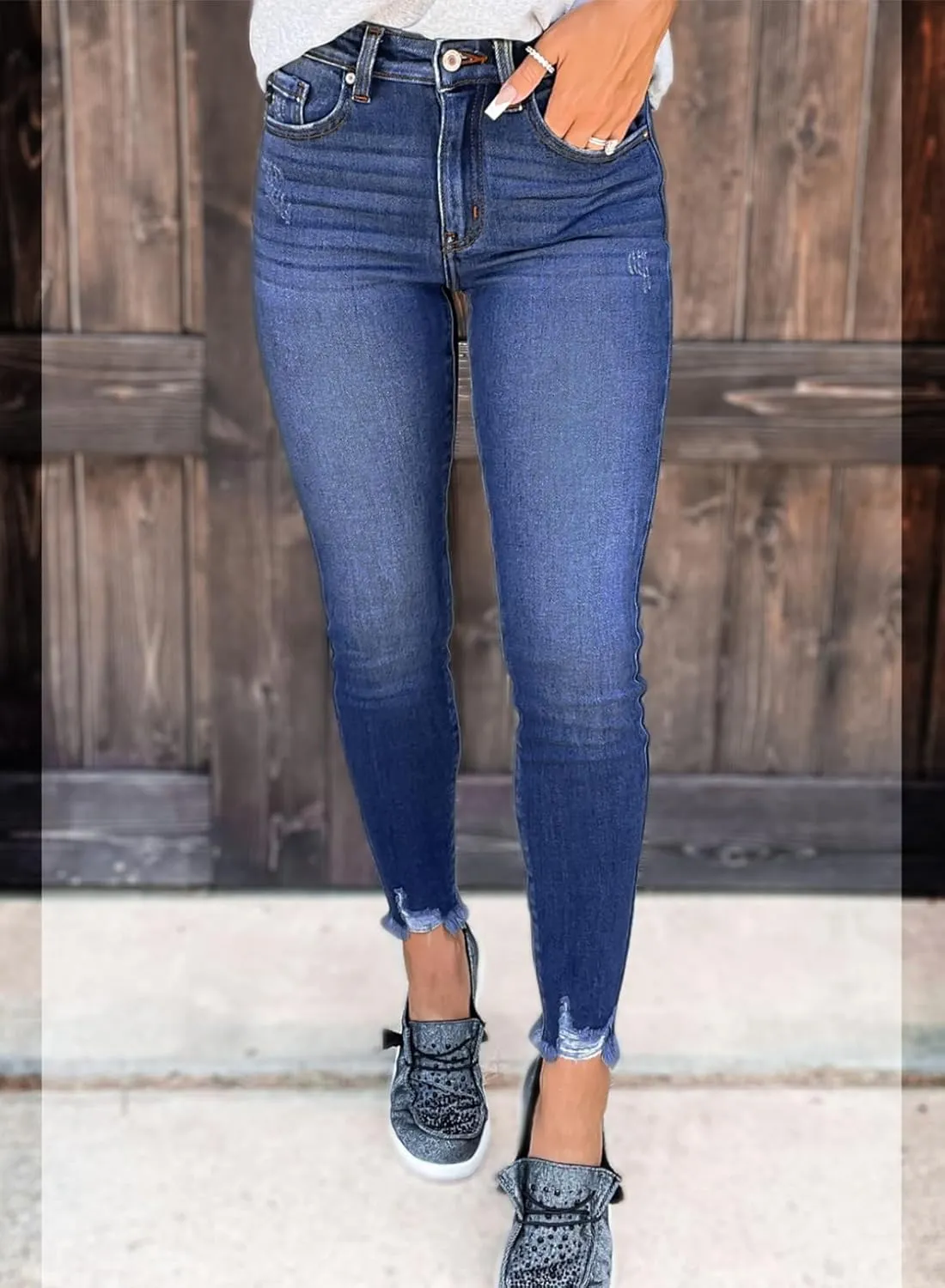 SHEWIN Skinny Raw Hem Jeans for Women High Waisted Stretchy Trendy Slimming Jeggings Ankle Denim Pants with Pockets