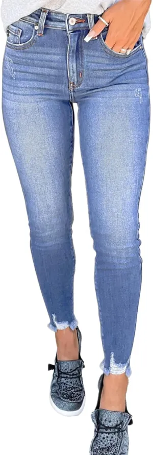 SHEWIN Skinny Raw Hem Jeans for Women High Waisted Stretchy Trendy Slimming Jeggings Ankle Denim Pants with Pockets