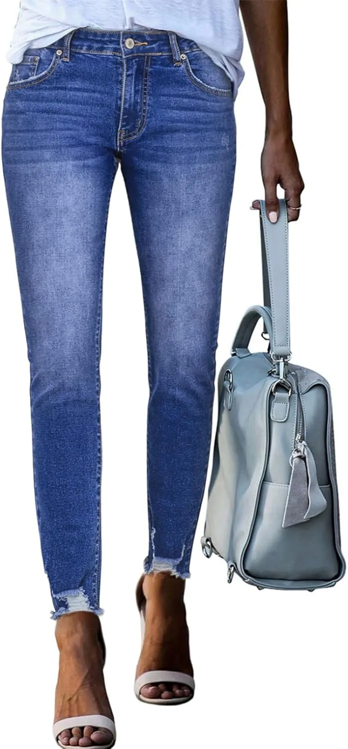 SHEWIN Skinny Raw Hem Jeans for Women High Waisted Stretchy Trendy Slimming Jeggings Ankle Denim Pants with Pockets