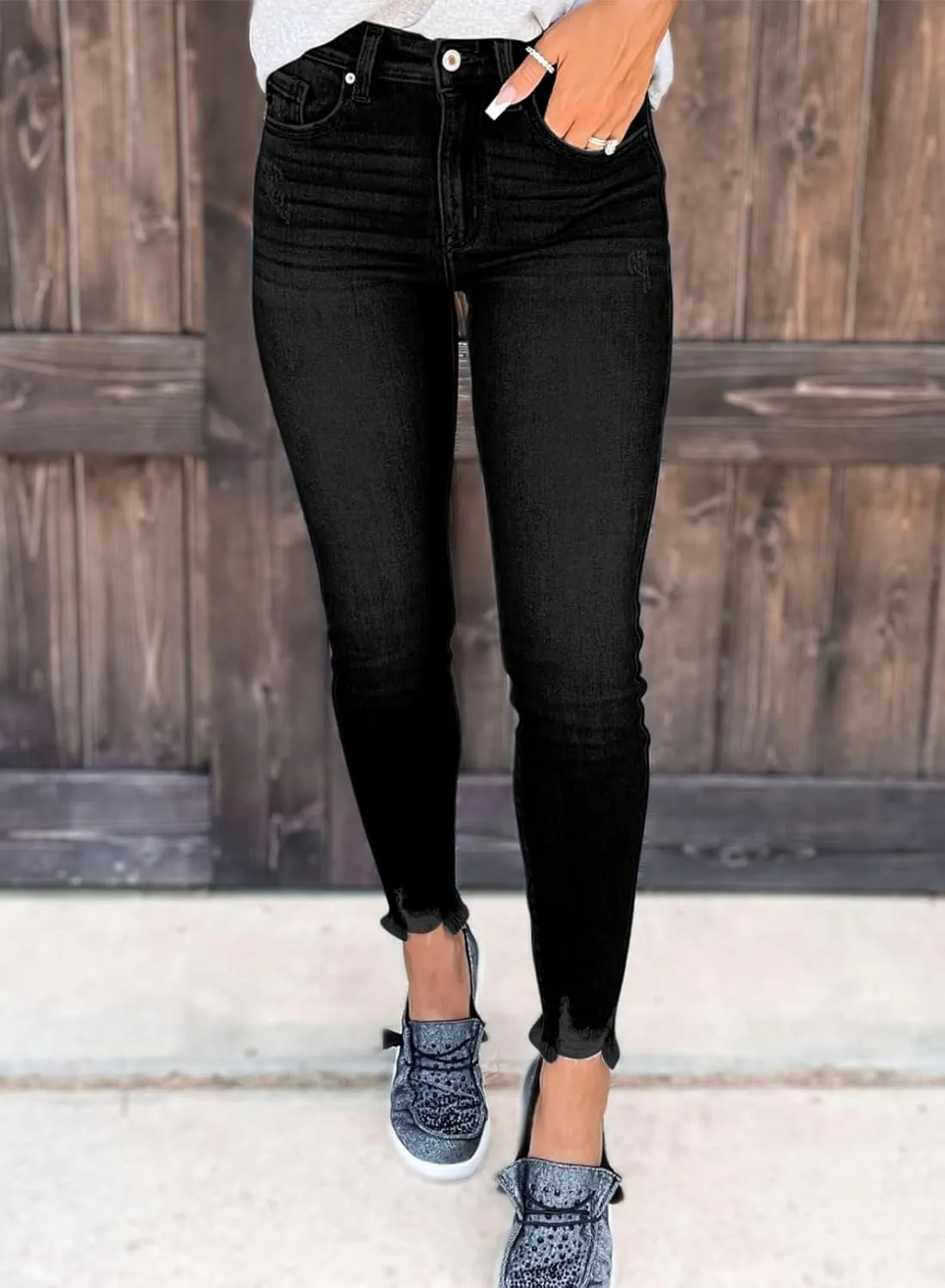 SHEWIN Skinny Raw Hem Jeans for Women High Waisted Stretchy Trendy Slimming Jeggings Ankle Denim Pants with Pockets