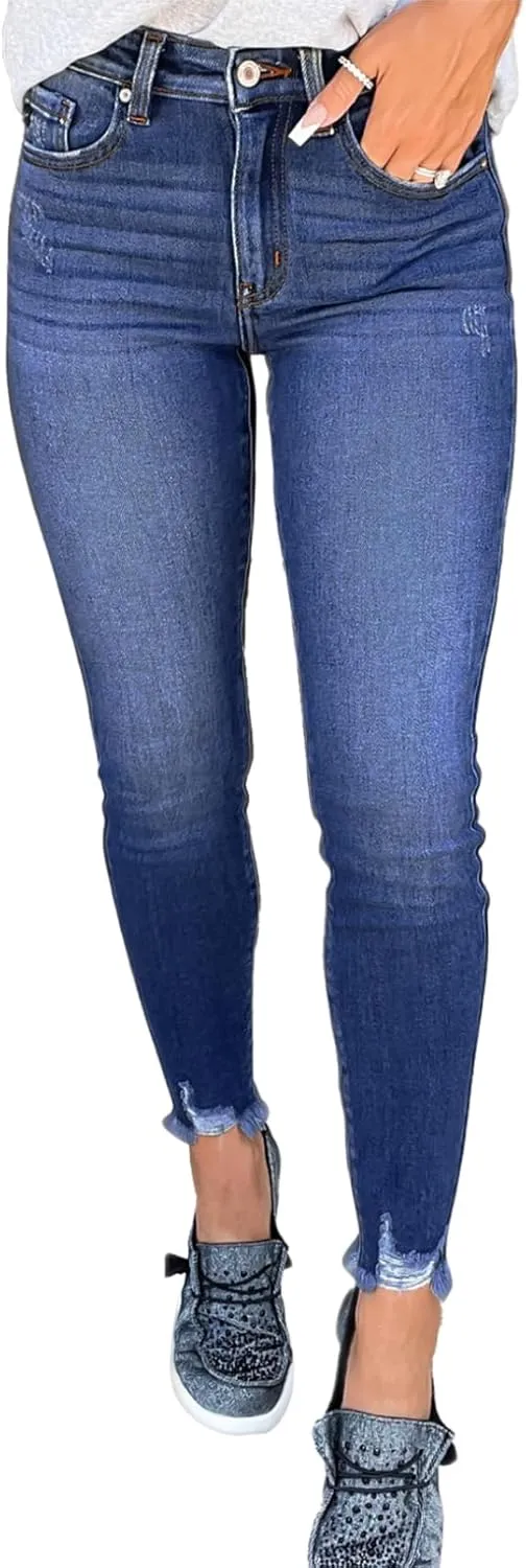 SHEWIN Skinny Raw Hem Jeans for Women High Waisted Stretchy Trendy Slimming Jeggings Ankle Denim Pants with Pockets
