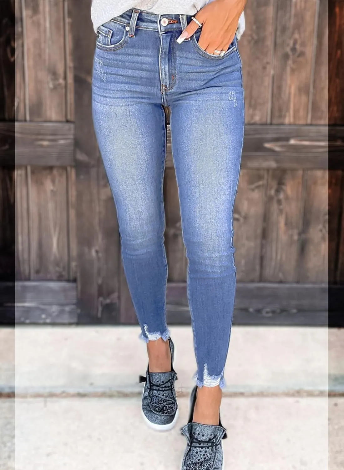 SHEWIN Skinny Raw Hem Jeans for Women High Waisted Stretchy Trendy Slimming Jeggings Ankle Denim Pants with Pockets