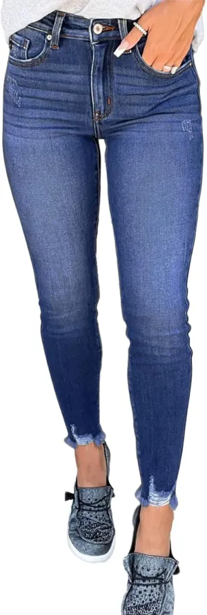 SHEWIN Skinny Raw Hem Jeans for Women High Waisted Stretchy Trendy Slimming Jeggings Ankle Denim Pants with Pockets