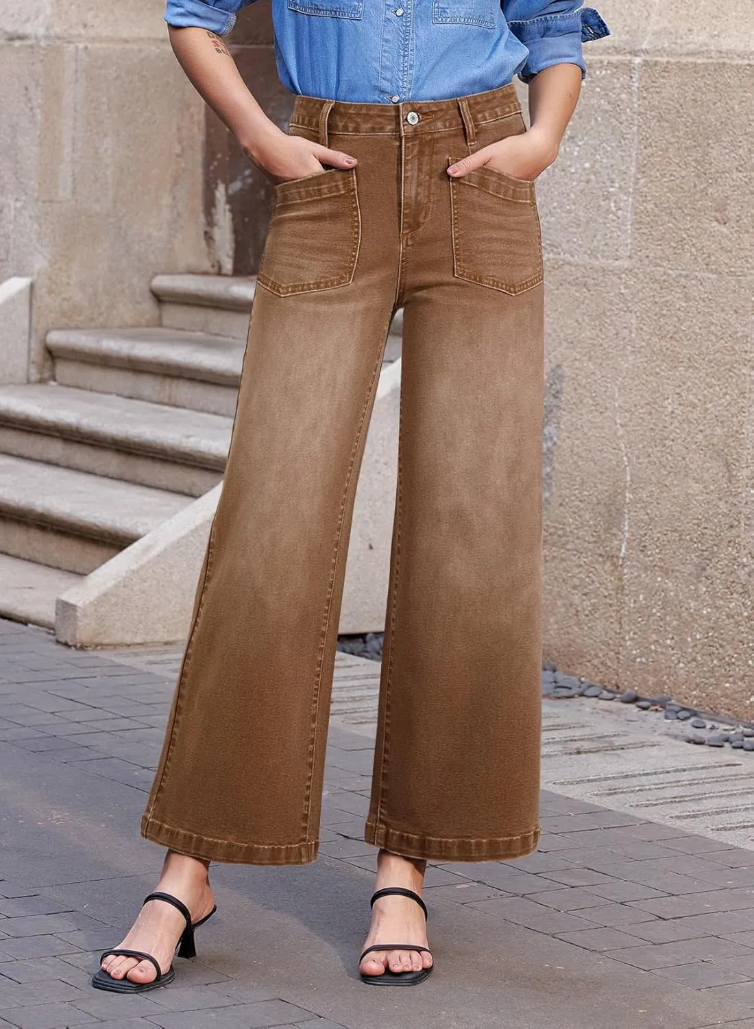 Sidefeel Women's Wide Leg Jeans High Waisted Stretchy Jeans Straight Leg Loose Fit Zimbaplatinum Ankle Denim Pants