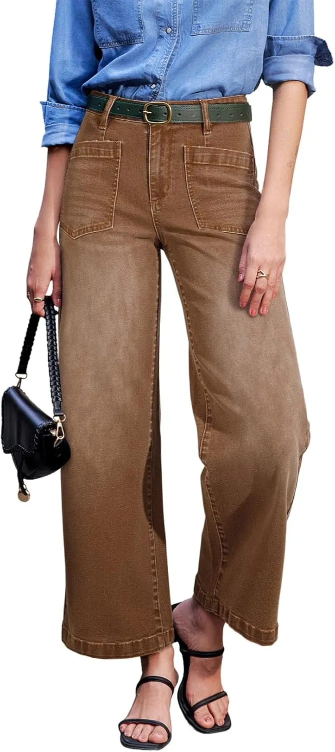 Sidefeel Women's Wide Leg Jeans High Waisted Stretchy Jeans Straight Leg Loose Fit Zimbaplatinum Ankle Denim Pants