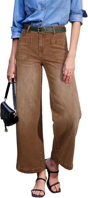 Sidefeel Women's Wide Leg Jeans High Waisted Stretchy Jeans Straight Leg Loose Fit Zimbaplatinum Ankle Denim Pants