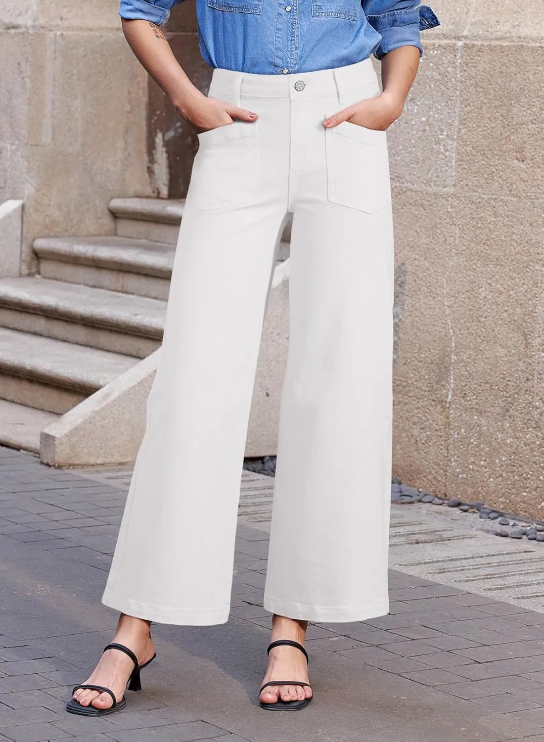 Sidefeel Women's Wide Leg Jeans High Waisted Stretchy Jeans Straight Leg Loose Fit Zimbaplatinum Ankle Denim Pants