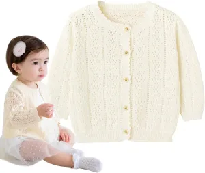 Simplee kids Baby Girl Thin Sweater Solid White Pink Cardigans for Toddler 0-3Years