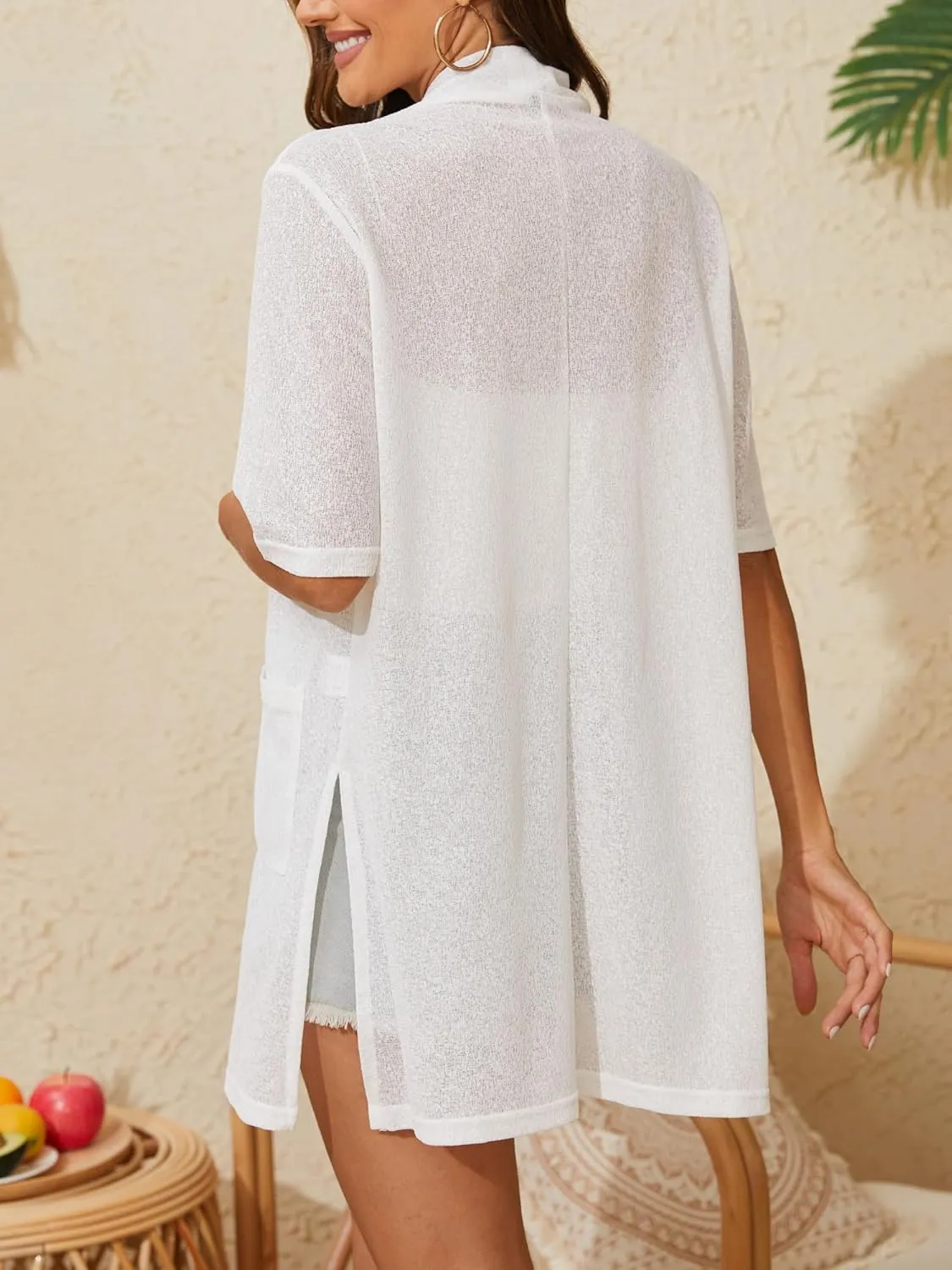 Spicy Sandia Women's Short Sleeve Sheer Summer Cardigans Lightweight Open Front Duster with Pockets