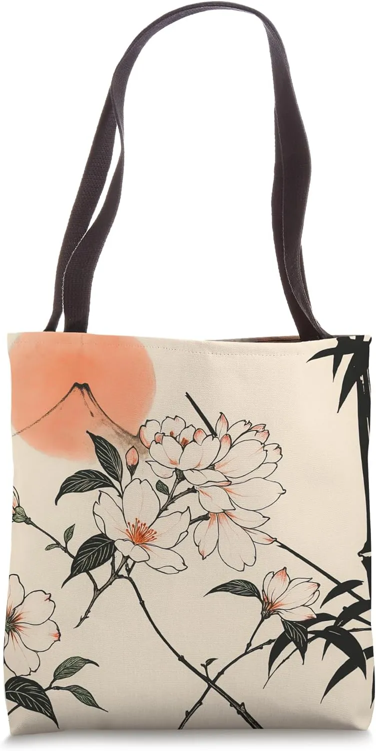 Sun Floral Minimalist Oriental Ink Beige Tote Bag