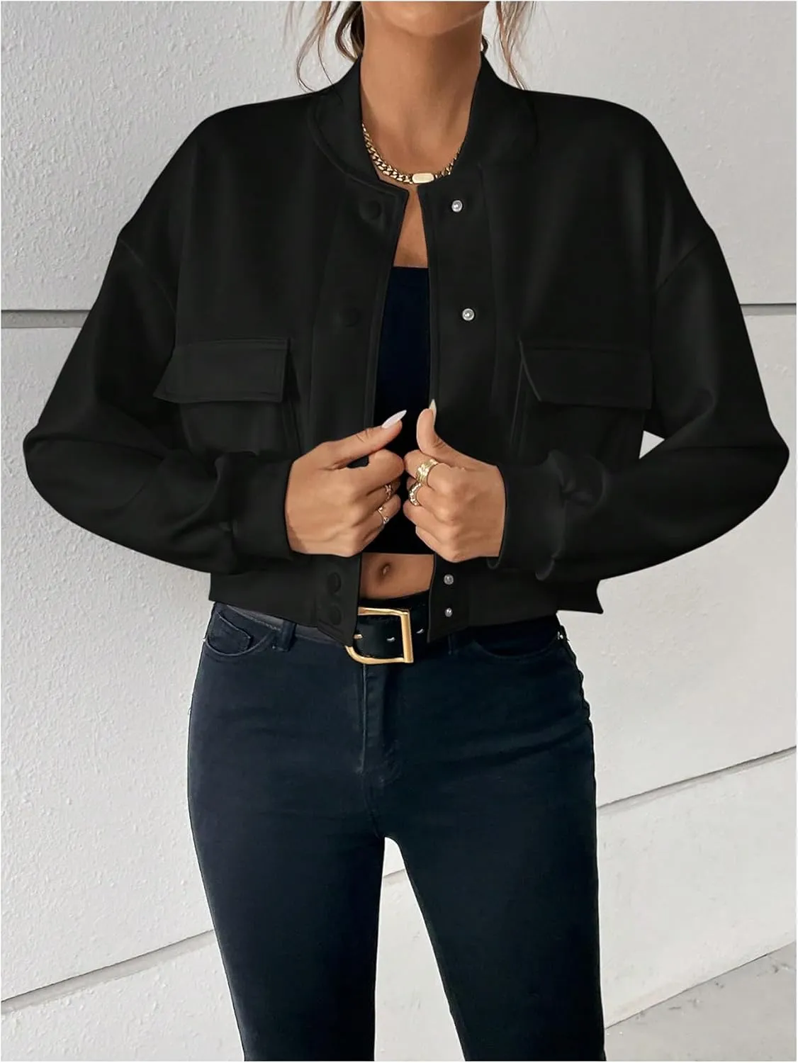 SweatyRocks Women's Cropped Lightweight Jacket Stretchy Button Down Bomber Outwear