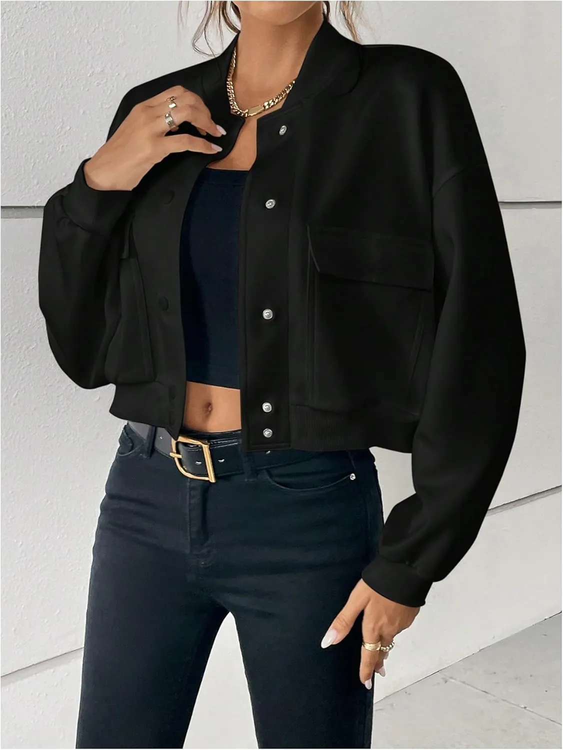 SweatyRocks Women's Cropped Lightweight Jacket Stretchy Button Down Bomber Outwear