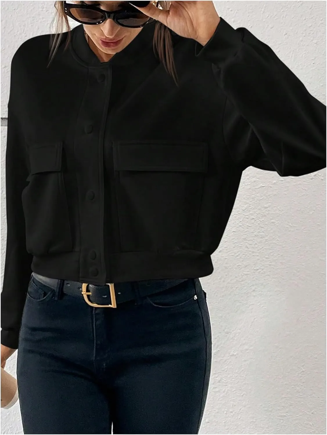SweatyRocks Women's Cropped Lightweight Jacket Stretchy Button Down Bomber Outwear