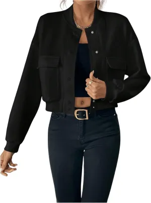 SweatyRocks Women's Cropped Lightweight Jacket Stretchy Button Down Bomber Outwear