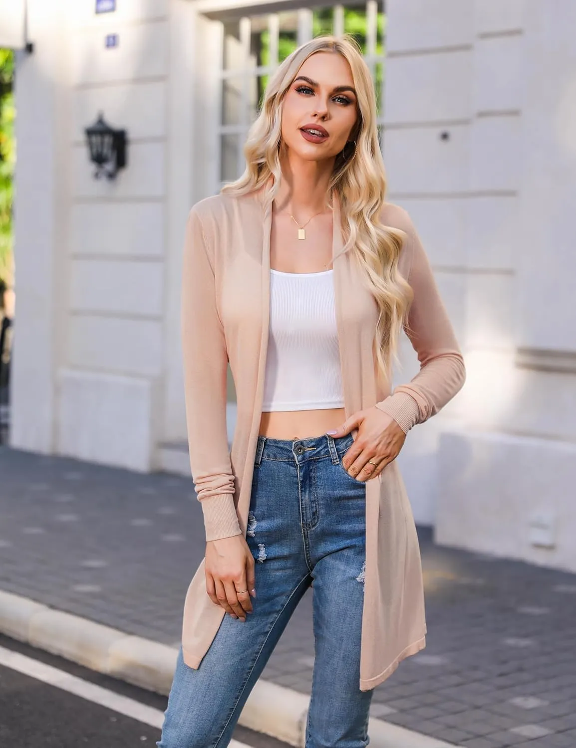 Totatuit Womens Summer Lightweight Sheer Kimono Cardigan Long Sleeve Open Front Knit Sweater Loose Cover Up Casual Blouse Top