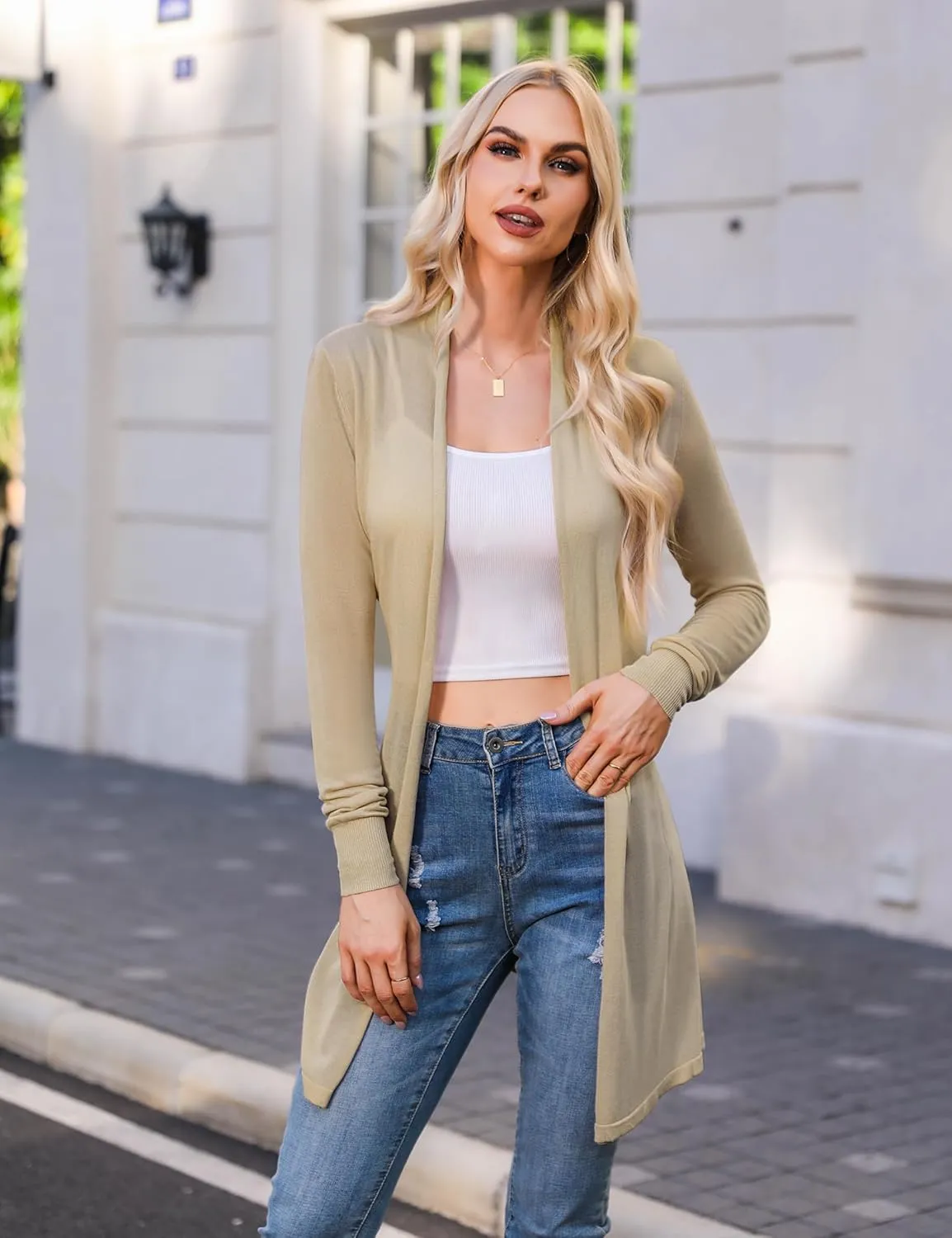 Totatuit Womens Summer Lightweight Sheer Kimono Cardigan Long Sleeve Open Front Knit Sweater Loose Cover Up Casual Blouse Top