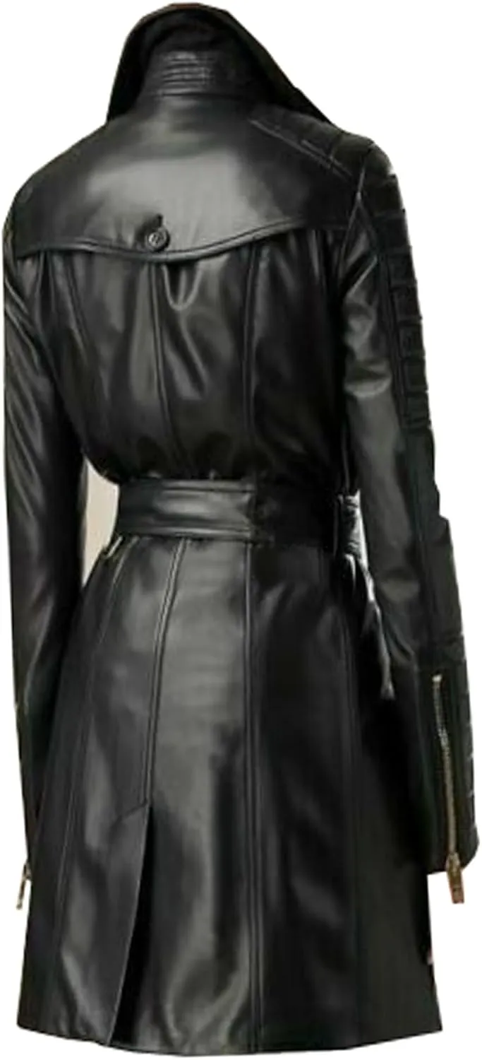 VearFit Women's Real Leather Trench Coat  Timeless Style & All-Weather Elegance