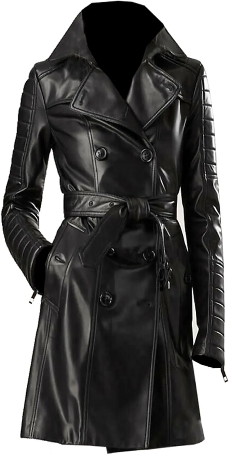 VearFit Women's Real Leather Trench Coat  Timeless Style & All-Weather Elegance
