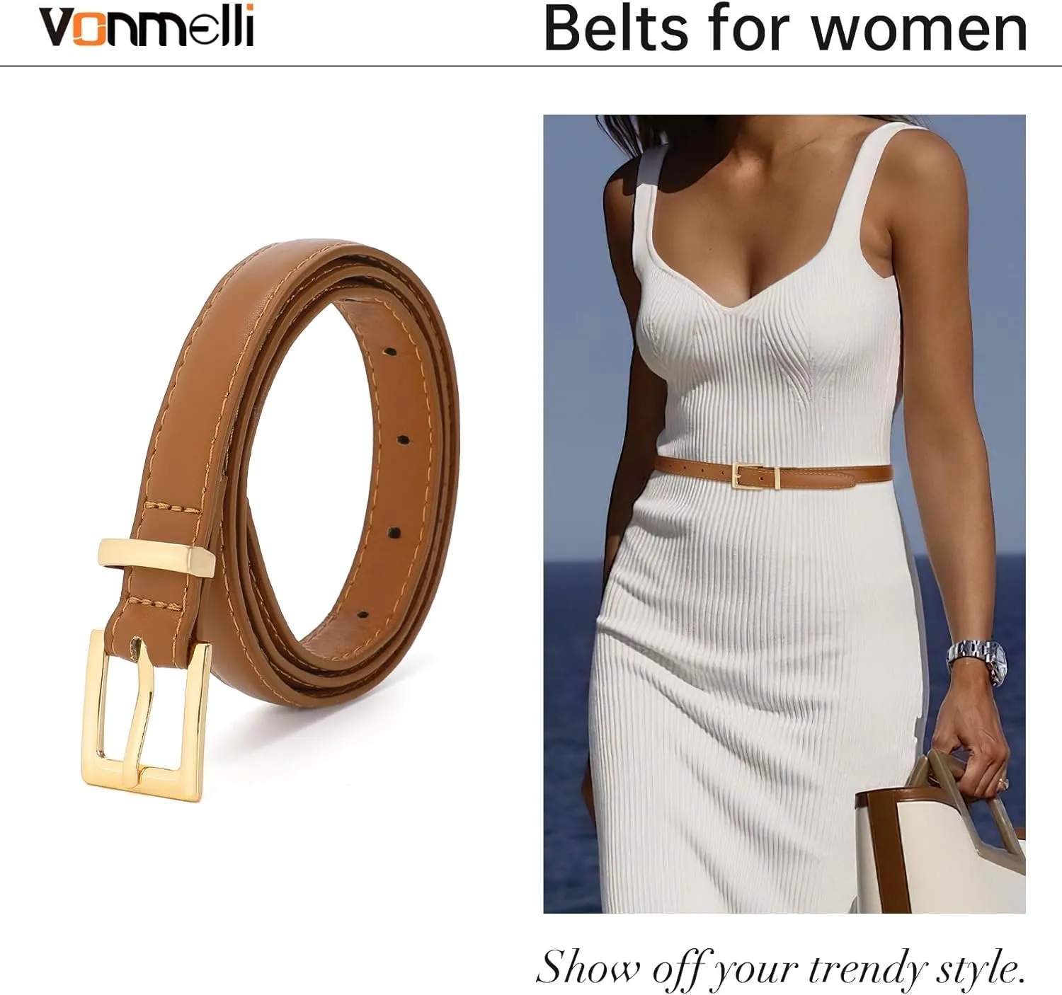 VONMELLI Leather Thin Belts for Women, Fashion Women's Skinny Belts Thin Ladies Belts for Jeans Dress Pants