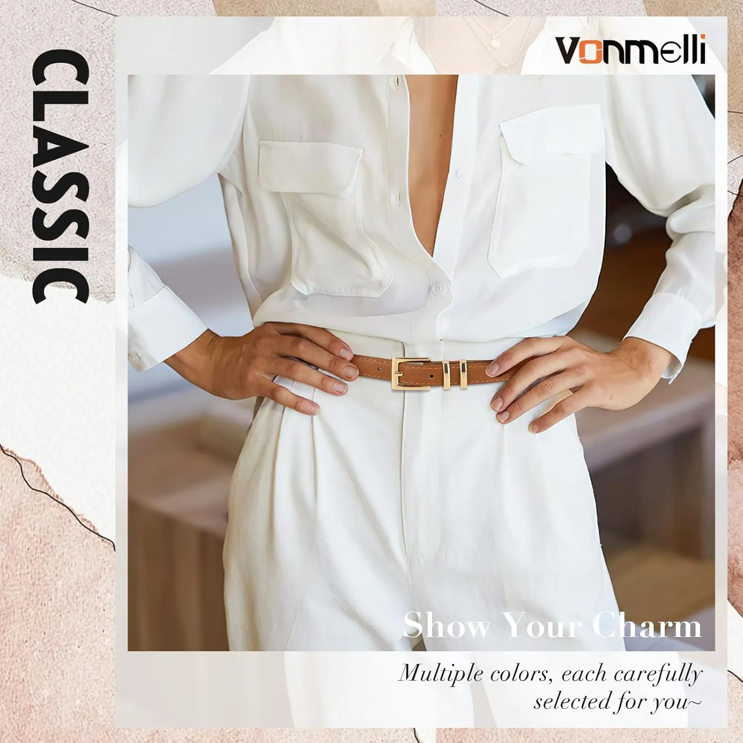 VONMELLI Leather Thin Belts for Women, Fashion Women's Skinny Belts Thin Ladies Belts for Jeans Dress Pants