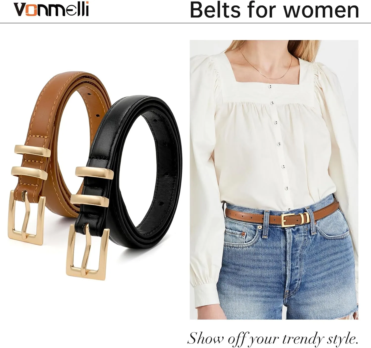 VONMELLI Leather Thin Belts for Women, Fashion Women's Skinny Belts Thin Ladies Belts for Jeans Dress Pants