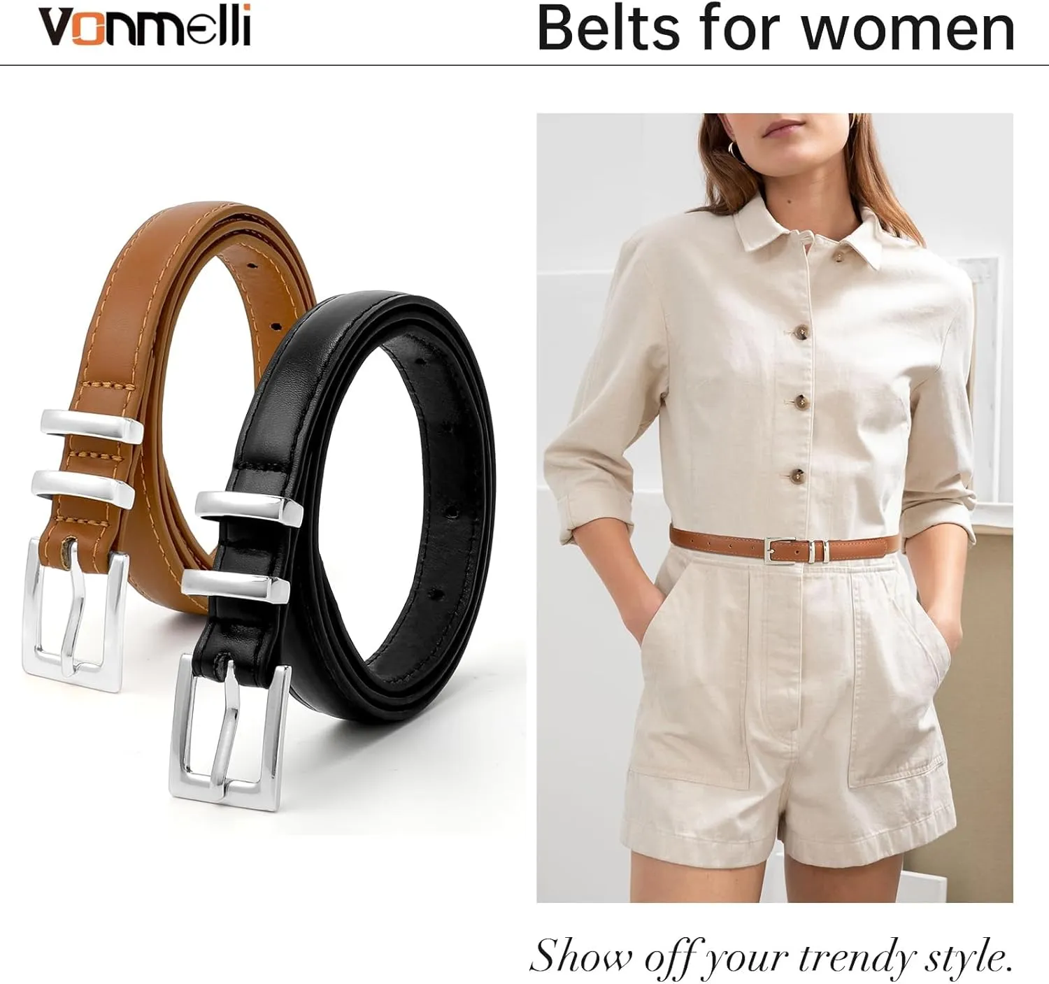 VONMELLI Leather Thin Belts for Women, Fashion Women's Skinny Belts Thin Ladies Belts for Jeans Dress Pants