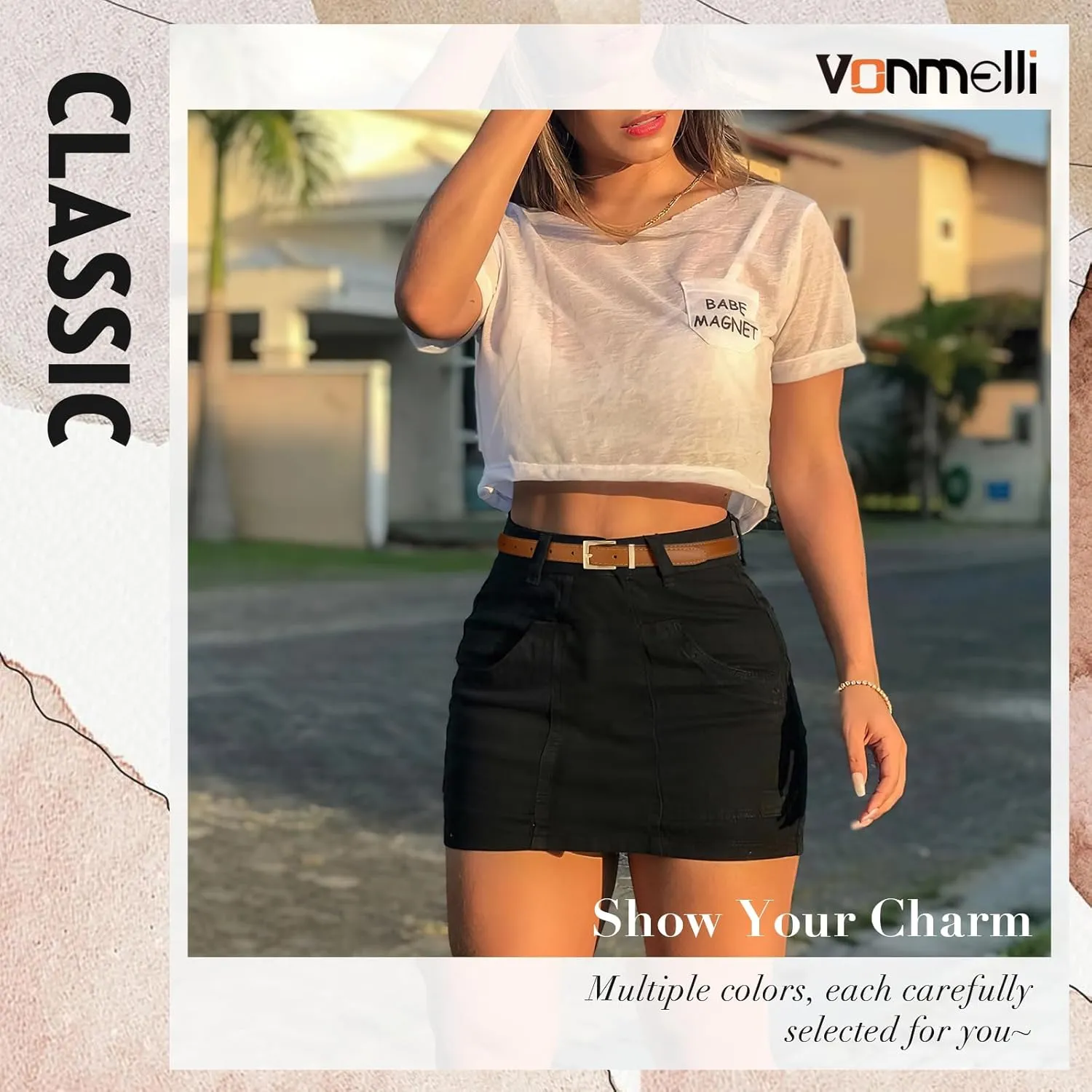 VONMELLI Leather Thin Belts for Women, Fashion Women's Skinny Belts Thin Ladies Belts for Jeans Dress Pants