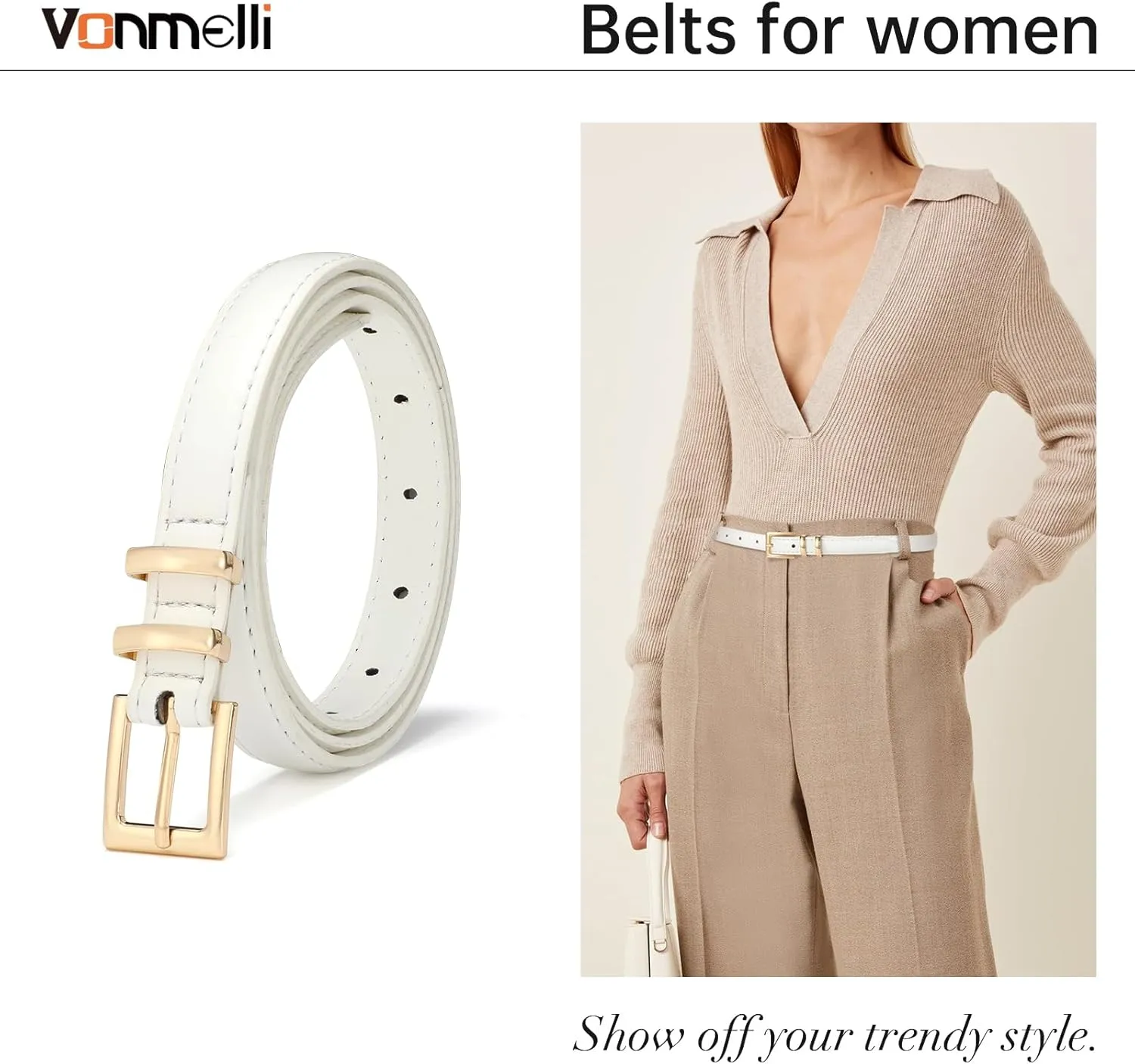 VONMELLI Leather Thin Belts for Women, Fashion Women's Skinny Belts Thin Ladies Belts for Jeans Dress Pants