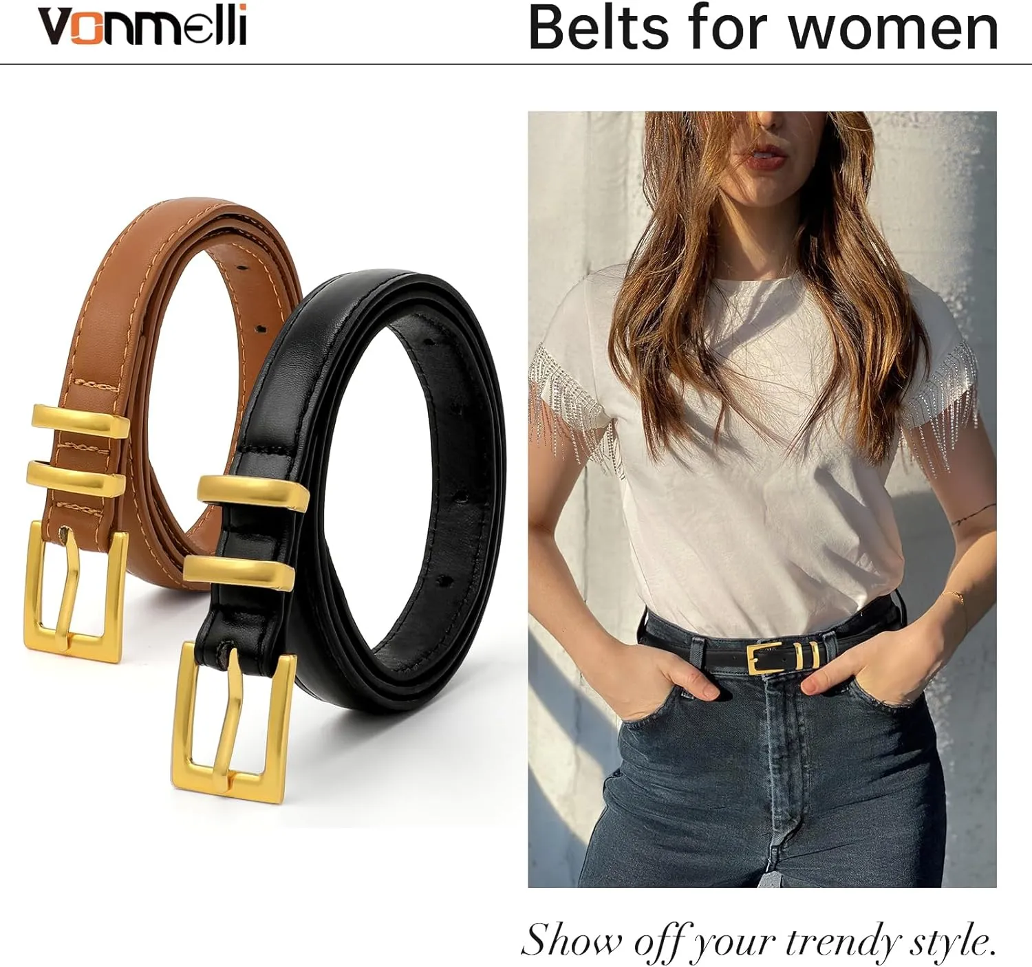 VONMELLI Leather Thin Belts for Women, Fashion Women's Skinny Belts Thin Ladies Belts for Jeans Dress Pants