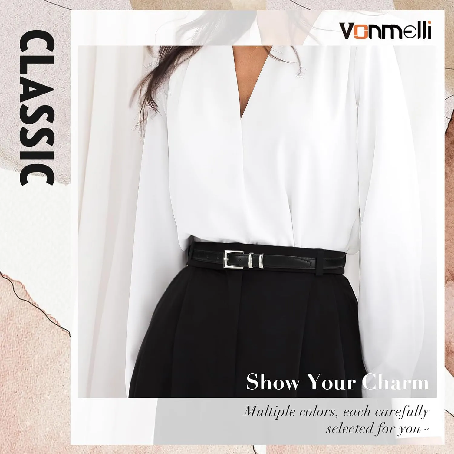 VONMELLI Leather Thin Belts for Women, Fashion Women's Skinny Belts Thin Ladies Belts for Jeans Dress Pants