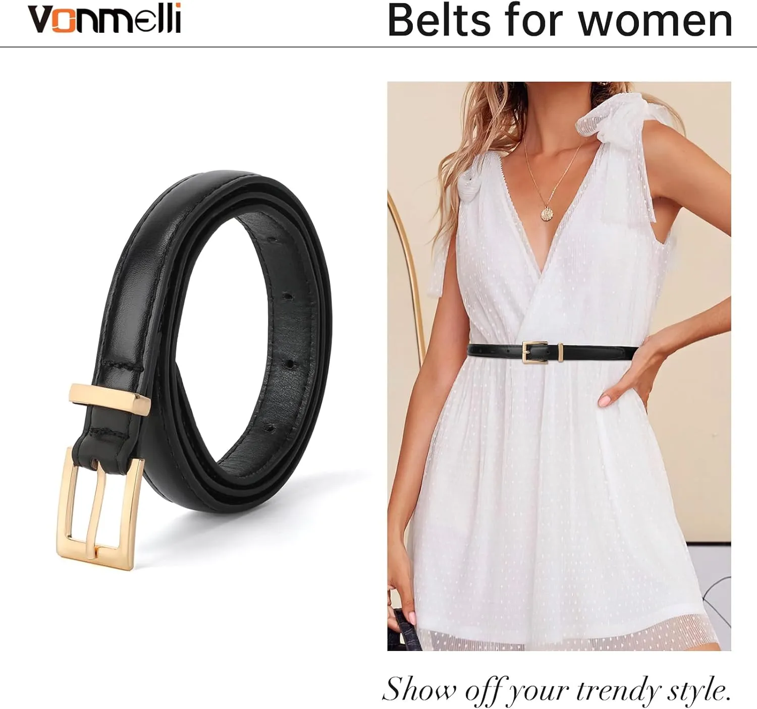 VONMELLI Leather Thin Belts for Women, Fashion Women's Skinny Belts Thin Ladies Belts for Jeans Dress Pants