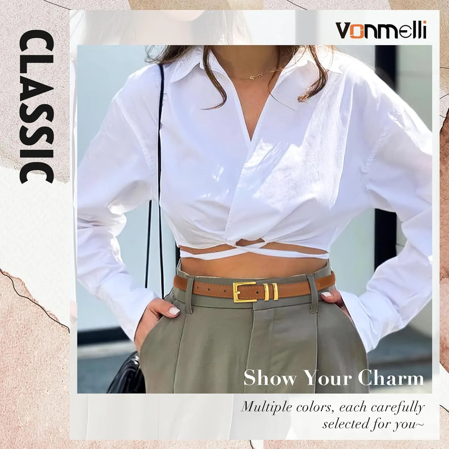 VONMELLI Leather Thin Belts for Women, Fashion Women's Skinny Belts Thin Ladies Belts for Jeans Dress Pants