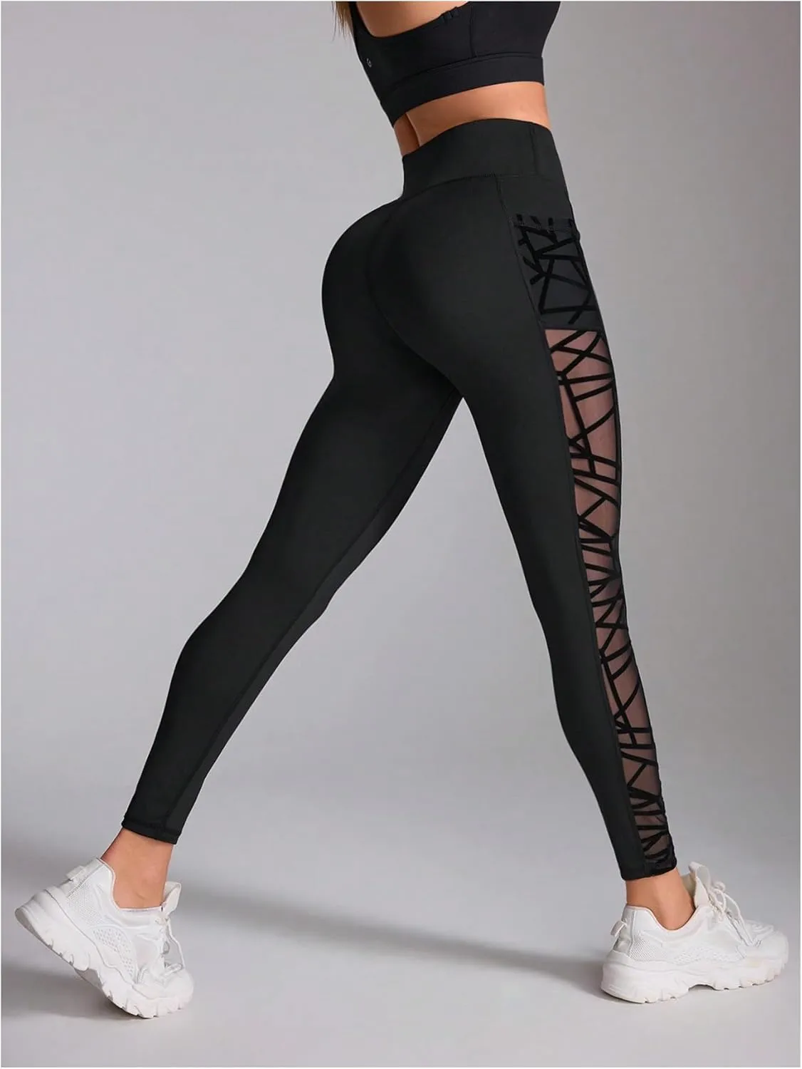 WDIRARA Women's Tummy Control Sheer High Waisted Leggings Stretchy Workout Yoga Pants