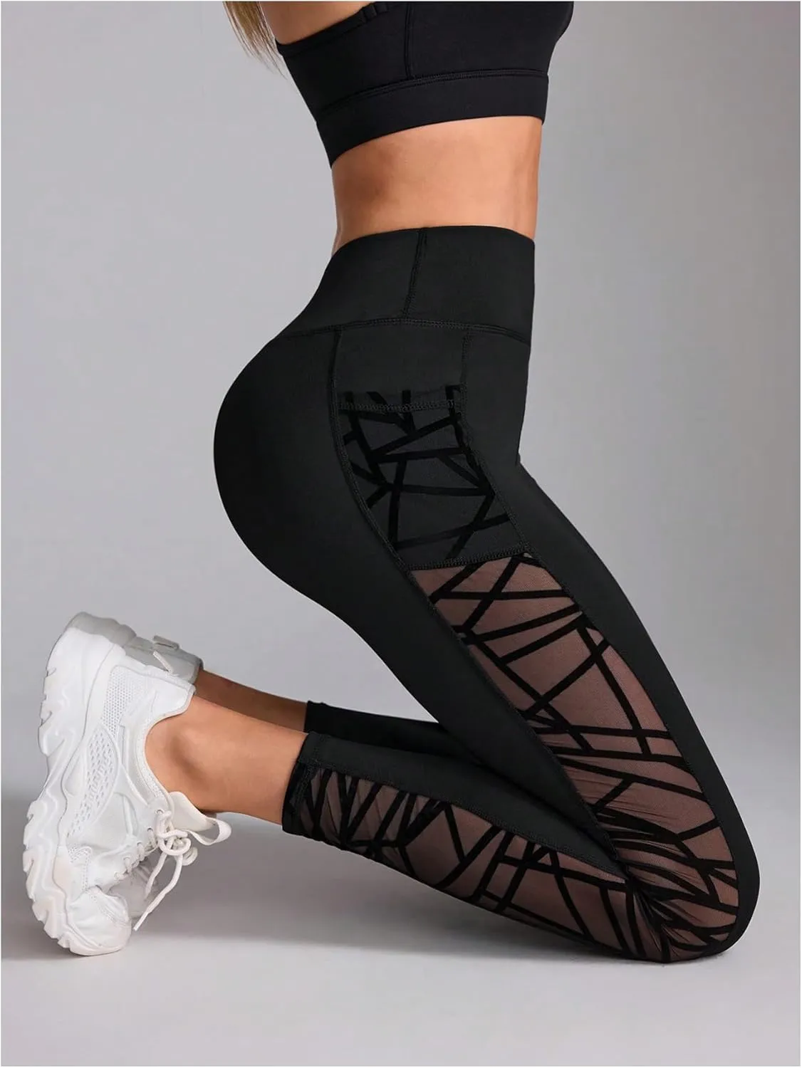 WDIRARA Women's Tummy Control Sheer High Waisted Leggings Stretchy Workout Yoga Pants
