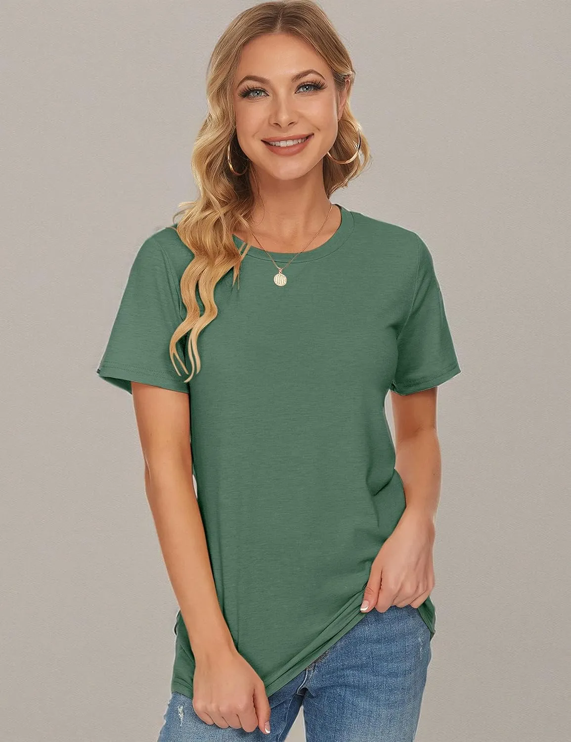 WNEEDU Womens T Shirts Short Sleeve Crewneck Loose Summer Tees Basic Tops