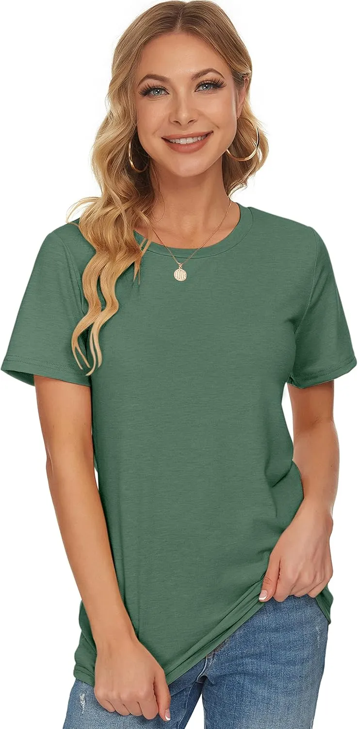 WNEEDU Womens T Shirts Short Sleeve Crewneck Loose Summer Tees Basic Tops