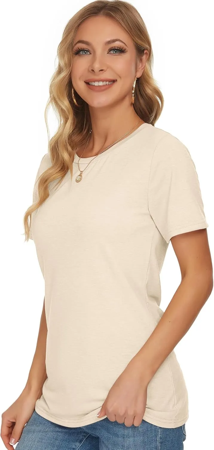 WNEEDU Womens T Shirts Short Sleeve Crewneck Loose Summer Tees Basic Tops