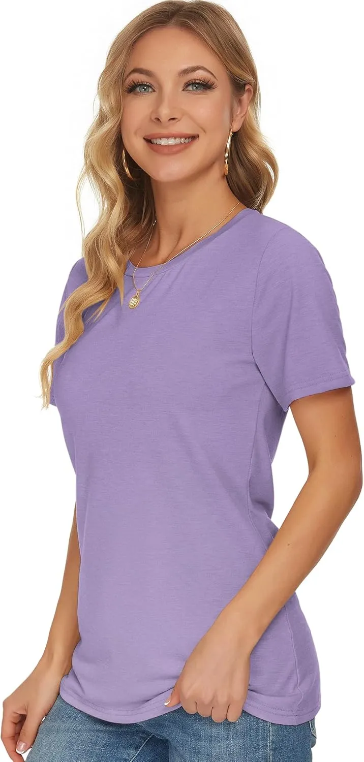 WNEEDU Womens T Shirts Short Sleeve Crewneck Loose Summer Tees Basic Tops