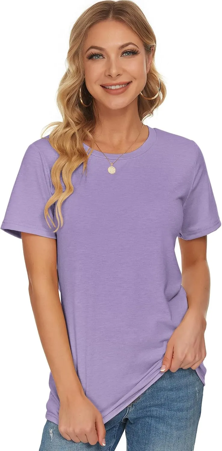 WNEEDU Womens T Shirts Short Sleeve Crewneck Loose Summer Tees Basic Tops
