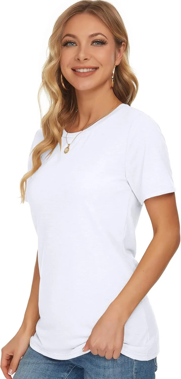 WNEEDU Womens T Shirts Short Sleeve Crewneck Loose Summer Tees Basic Tops