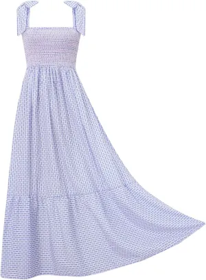 Women Boho Smocked Maxi Dress Bow Tie Shoulder Ruched Bust Backless Flowy Long Dresses Summer Casual Beach Sundress