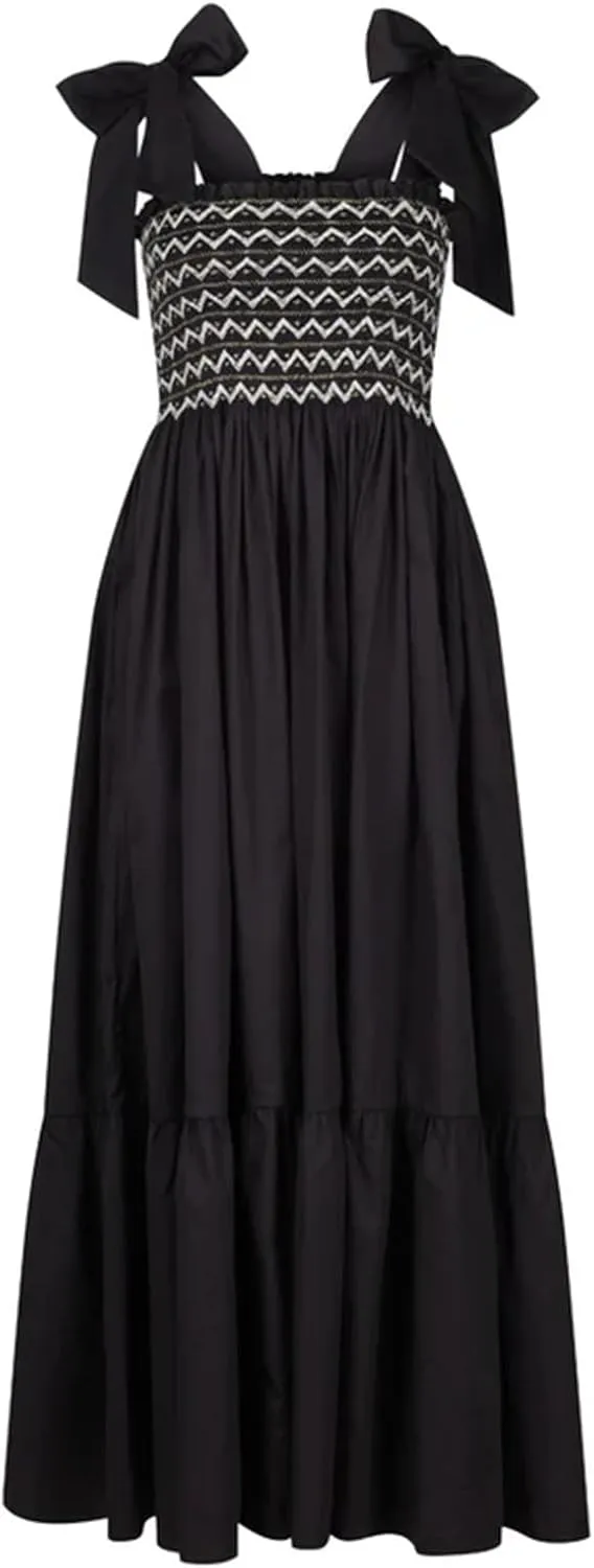Women Boho Smocked Maxi Dress Bow Tie Shoulder Ruched Bust Backless Flowy Long Dresses Summer Casual Beach Sundress