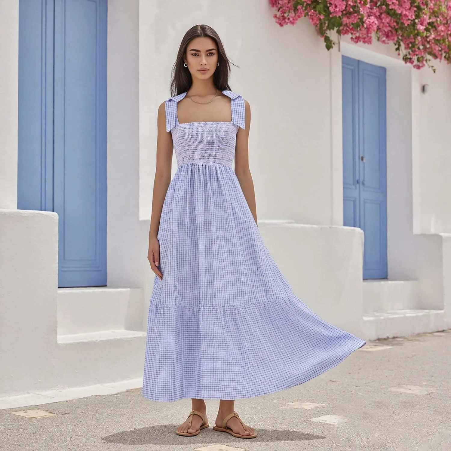 Women Boho Smocked Maxi Dress Bow Tie Shoulder Ruched Bust Backless Flowy Long Dresses Summer Casual Beach Sundress