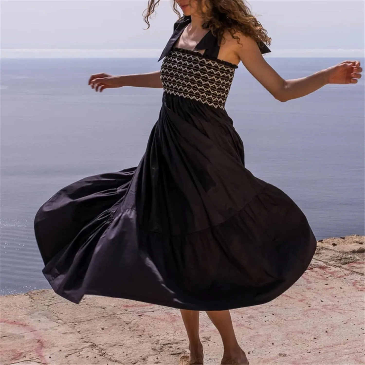 Women Boho Smocked Maxi Dress Bow Tie Shoulder Ruched Bust Backless Flowy Long Dresses Summer Casual Beach Sundress