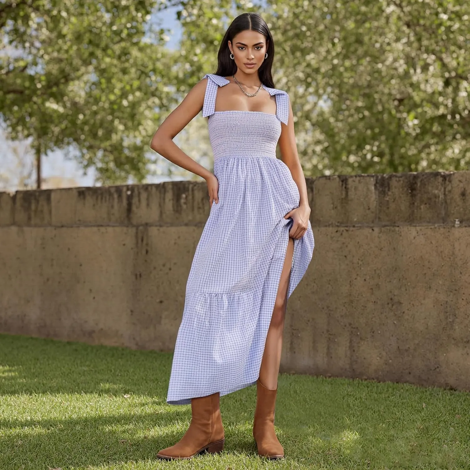 Women Boho Smocked Maxi Dress Bow Tie Shoulder Ruched Bust Backless Flowy Long Dresses Summer Casual Beach Sundress