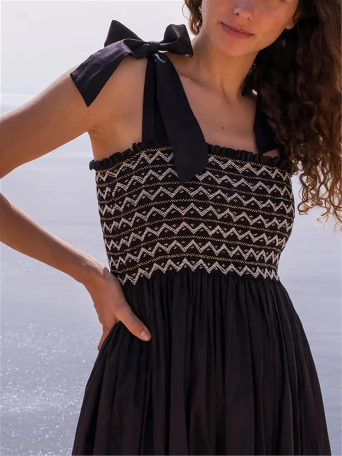 Women Boho Smocked Maxi Dress Bow Tie Shoulder Ruched Bust Backless Flowy Long Dresses Summer Casual Beach Sundress