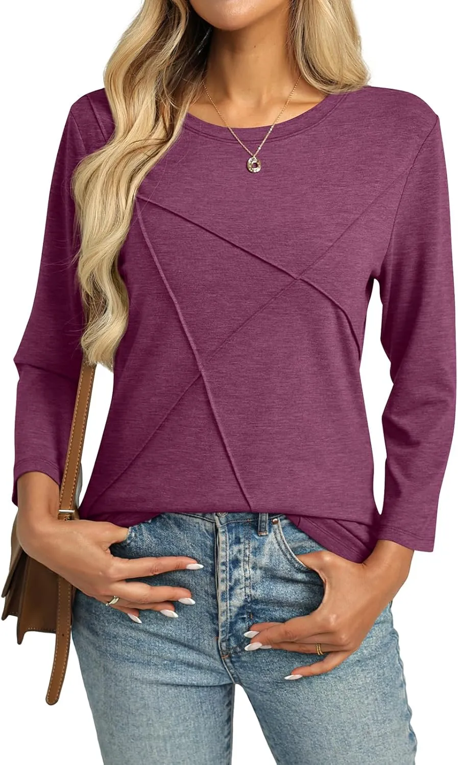 Womens 3/4 Sleeve Tops Crew Neck Summer Tops Casual Basic Tees Loose Fit Blouses
